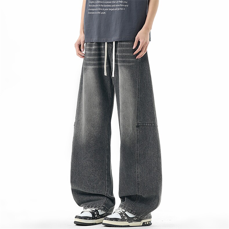 26春季新款男生弯刀牛仔裤美式阔腿裤直筒宽松长裤拼接7461-P48，男装牛仔裤，星座1006