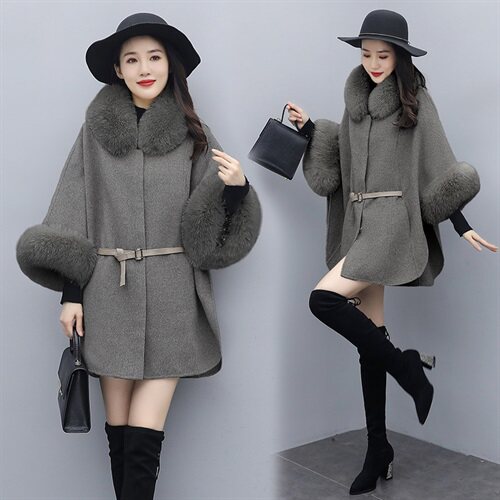 芷墨冬装新款时尚百搭毛呢外套斗篷外套可脱卸毛，女装毛呢外套，芷墨服饰