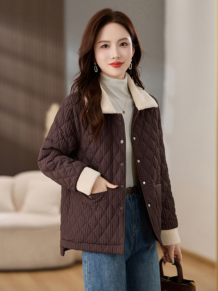 羊羔毛拼接棉衣棉服女2024冬新款休闲百搭菱格夹棉外套洋气小棉袄,女装棉衣/棉服,姿衣坊