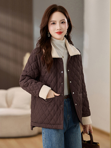羊羔毛拼接棉衣棉服女2024冬新款休闲百搭菱格夹棉外套洋气小棉袄图片