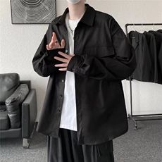 日系工装衬衫男长袖ins痞帅港风休闲衬衣宽松百搭黑色JC90P35，男装衬衫，星座1116-2