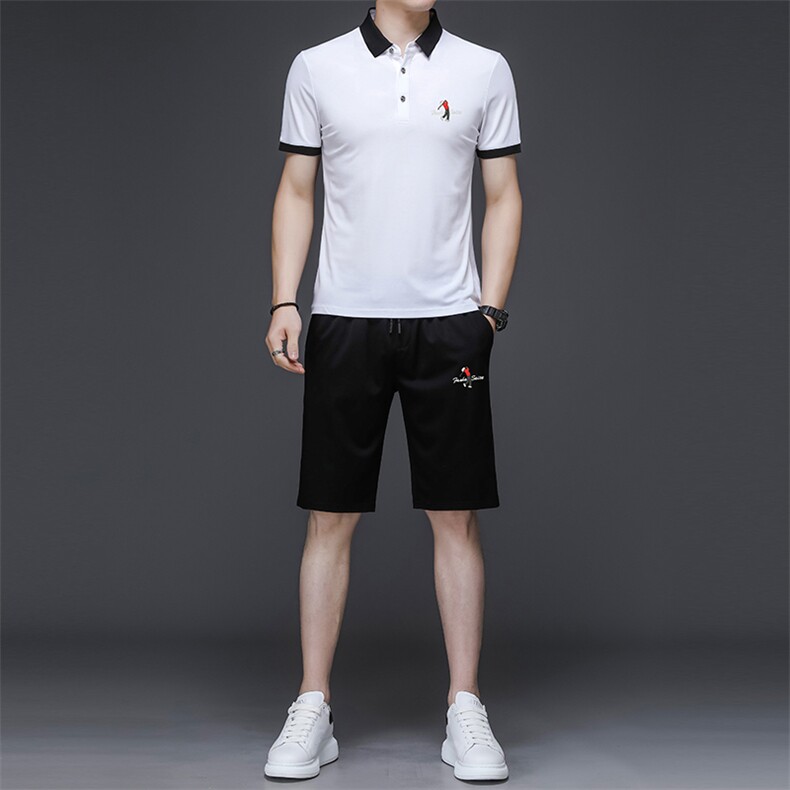T恤男夏季套装polo领冰丝速干短袖短裤长裤子三件套休闲运动套装图片