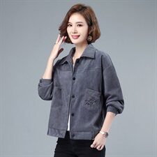灯芯绒短外套女2021秋冬新款加厚单排扣翻领长袖纯色上衣通勤，女装短外套，伊满意