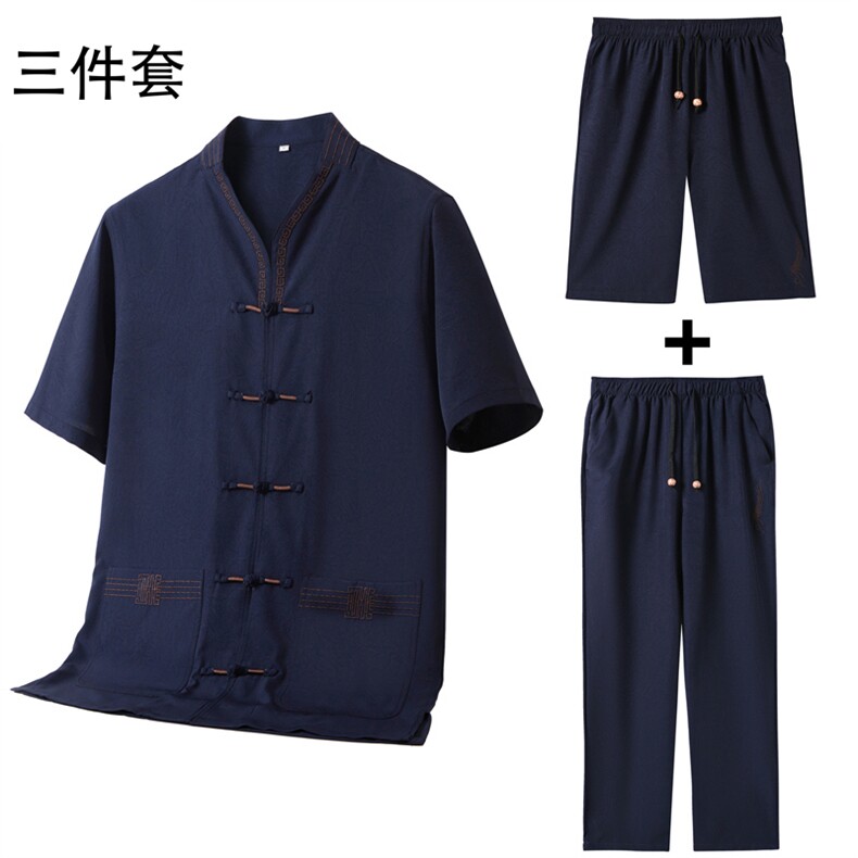 风唐装短袖衬衫男夏季中老年风中式三件套装MJ5103C-P120,男装衬衫,星座1105-3