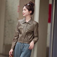 复古皮衣女短款时尚小个子春秋新款2025水洗机车服皮夹克上衣外套，女装皮衣，缘衣格