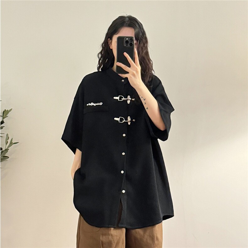 美式高街潮牌百搭短袖衬衣金属扣暗纹纯色情侣衬衫YSSQ2274-P47，男装T恤，星座208-5