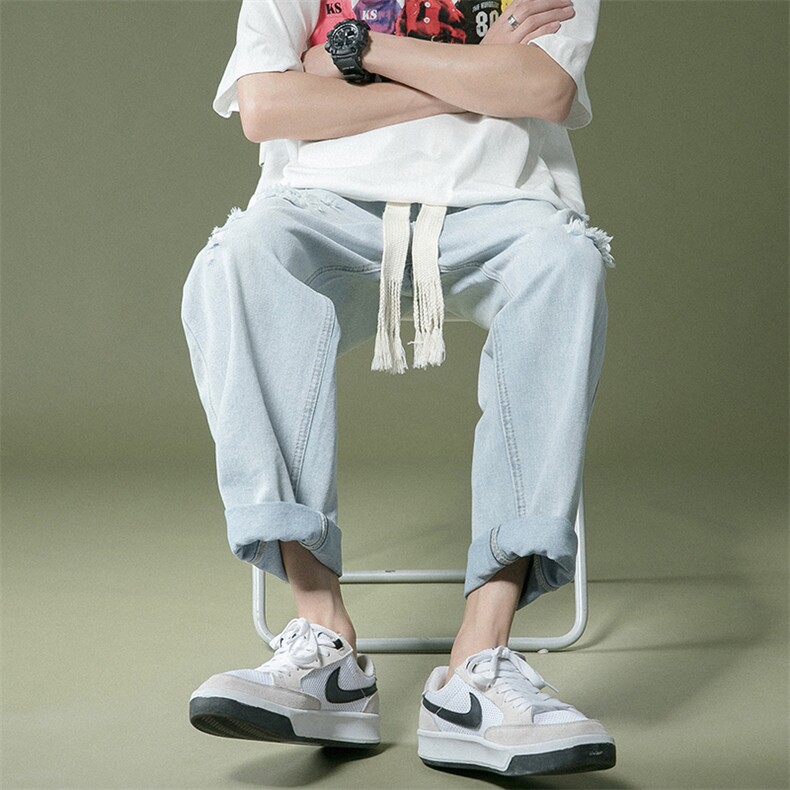 wassuphappy破洞九分牛仔裤男春秋夏季款宽松运动休闲阔腿长裤子,男装休闲裤,电商C303-1