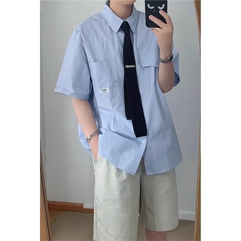 日系翻领少年感纯色衬衫短袖宽松休闲男女衬衣夏季薄外套CS5261，男装T恤，星座208-5