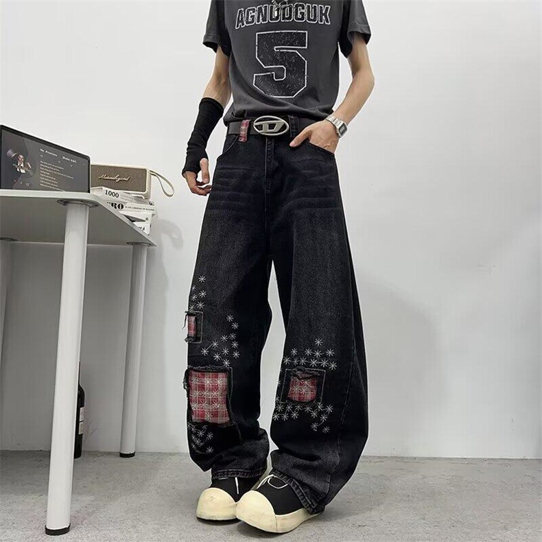 CTB啤酒队长美式复古磨破刺绣牛仔裤女设计感宽松直筒微喇阔腿裤,男装牛仔裤,星座813-2