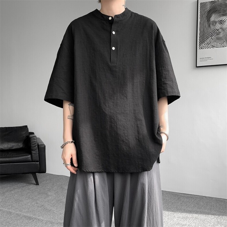 8XL-M中式立领棉麻T恤特大码亨利领亚麻短袖polo衫半袖DX1210/P45,男装T恤,电商B238