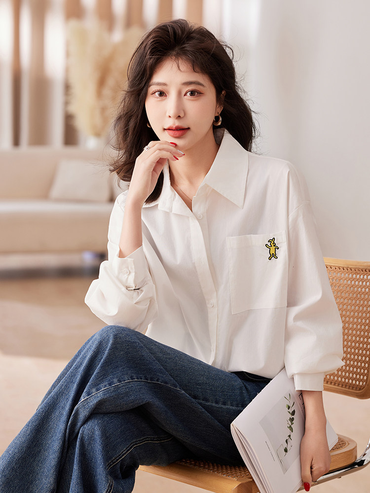 现货-春装新款衬衣女宽松休闲刺绣上衣设计感小众长袖打底,女装衬衫,梦懿尔