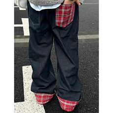 【网图有货】美式格子拼接卷边牛仔裤男女阔腿裤子NZ011LL-特P48，男装牛仔裤，星座1007（原301D）