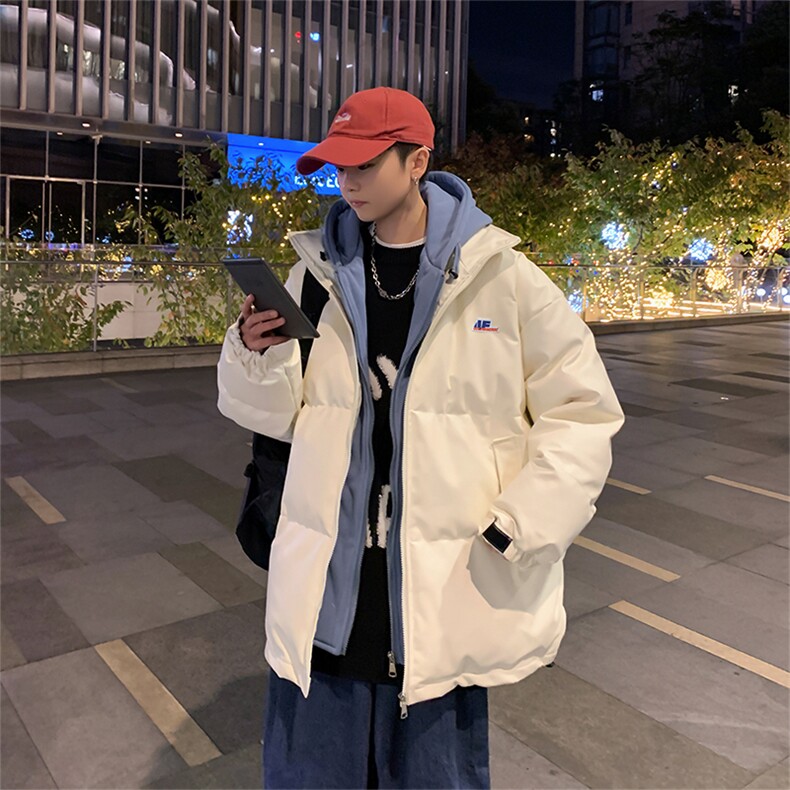 假两件棉衣男冬韩版宽松PU皮连帽棉服港风潮牌棉袄外套M0816-P90,男装棉衣,星座308B-1