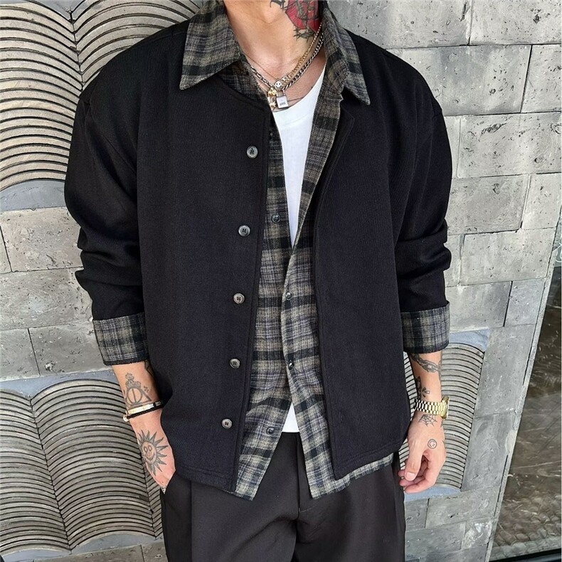美式复古潮牌假两件拼接衬衫男春秋季高级感cleanfit针织开衫外套图片