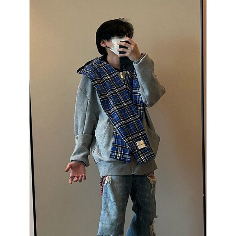 【有货】D8895-P80高质量重磅假两件连帽格子开衫卫衣男潮牌外套,男装卫衣,星座603-2