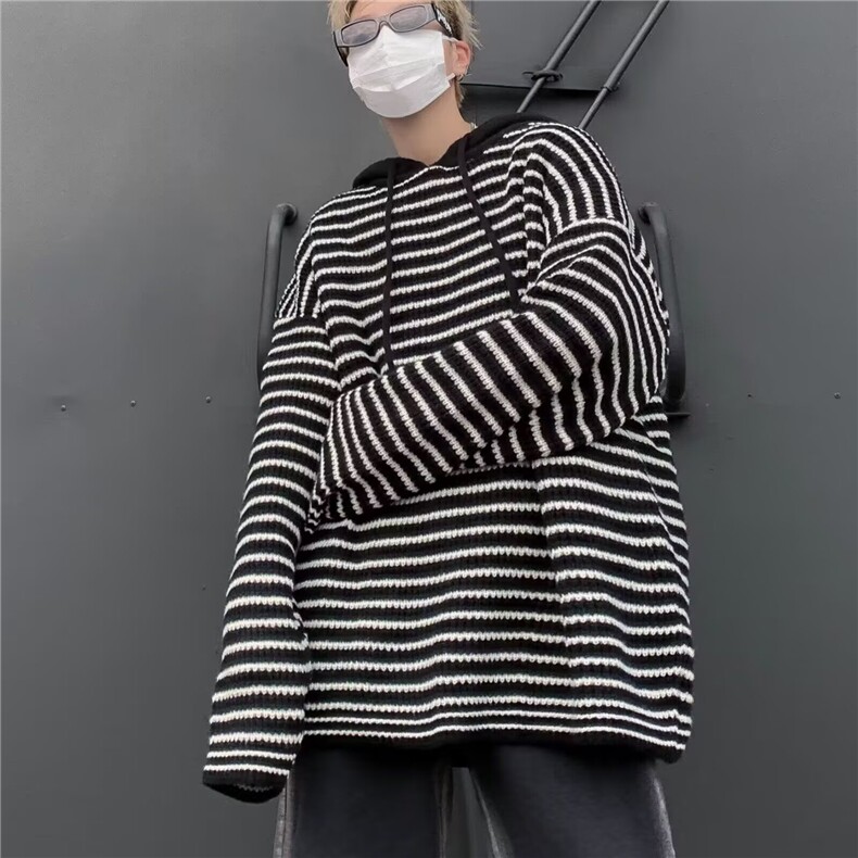 黑白条纹连帽卫衣2025秋冬鹿毛绒毛衣设计感百搭长袖上衣MYH136图片
