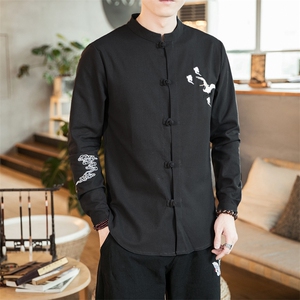 风春装大码棉麻衬衣休闲男装唐装复男仙鹤刺绣衬衫 CS508-P55图片