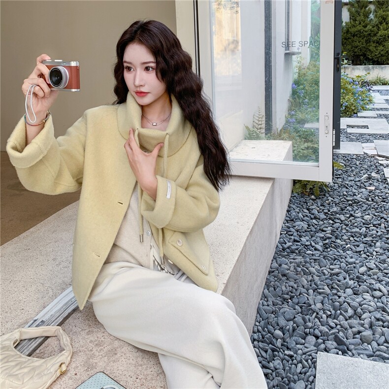奶黄双面呢羊毛短款外套女春秋2025新款甜美小个子呢子大衣巨好看,女装毛呢外套,红龙果