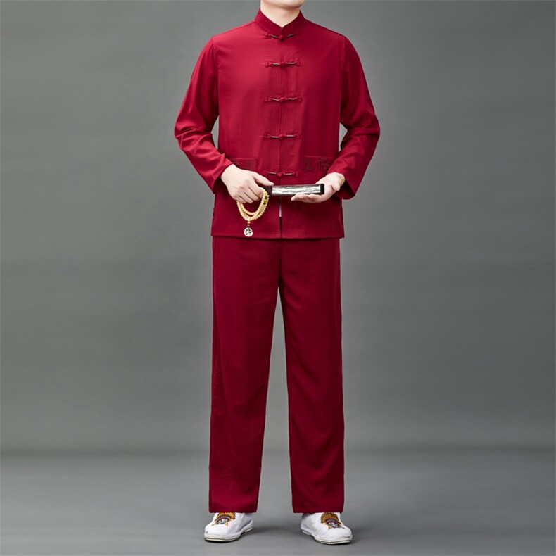 中老年唐装爸爸春装长袖风棉麻套装爷爷老人复古绣花太极服,男装休闲套装,钱塘6003B
