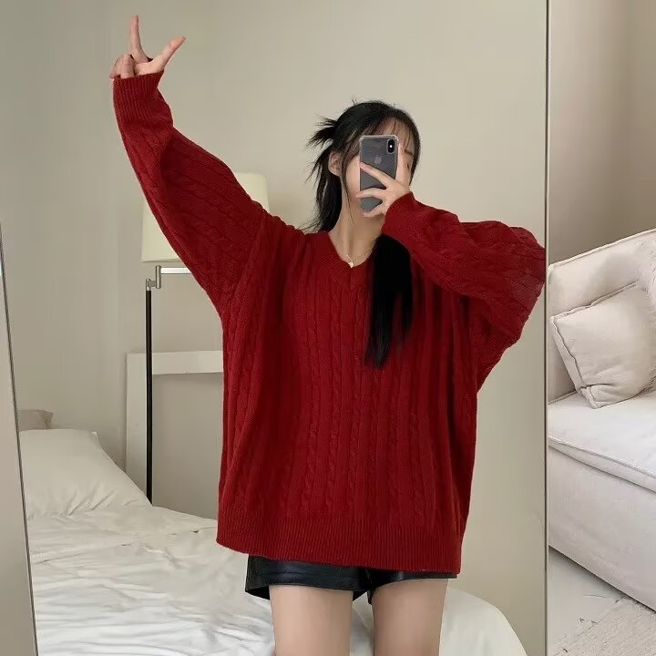 复古男女秋冬针织外套宽松V领加厚凤凰绒酒红色毛衣V18-P49网图,男装针织衫/毛衣,电商B245
