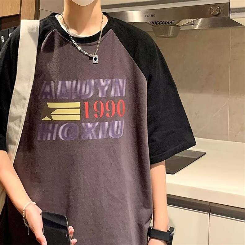 2023春夏季新款男休闲纯棉拼色印花五分圆领短袖T342P30,男装T恤,星座1116-2