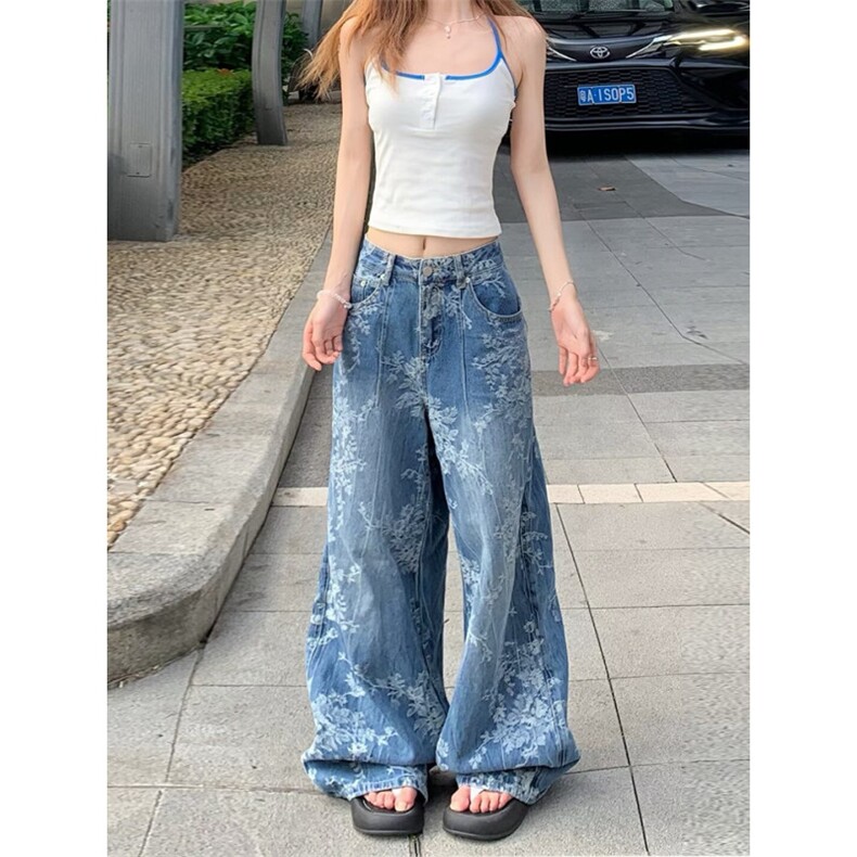 大码美式复古水洗波纹微喇牛仔裤女新款辣妹排扣褶皱直筒显瘦长裤,男装牛仔裤,星座506A