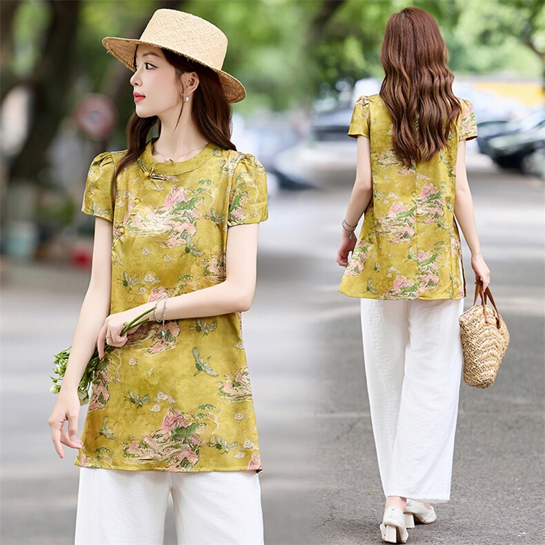 新中式改良旗袍盘扣短袖遮肉夏季新款洋气时尚衬衫，女装衬衫，木橙西子