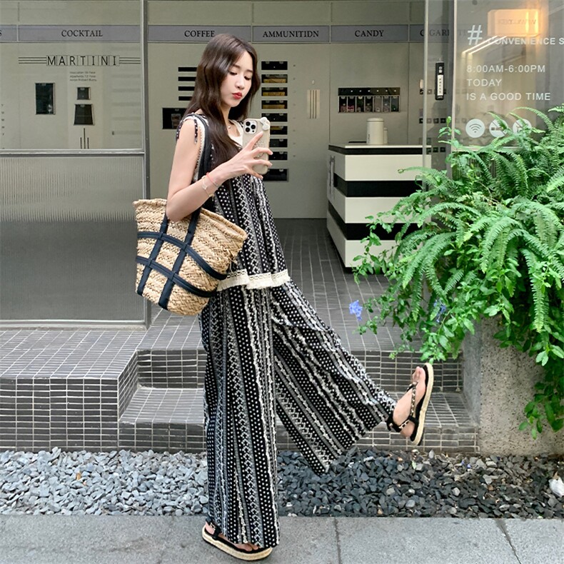 慵懒松弛感无袖背心套装女2025年夏季新款假两件上衣阔腿裤两件套,女装套装/套裙,2D034