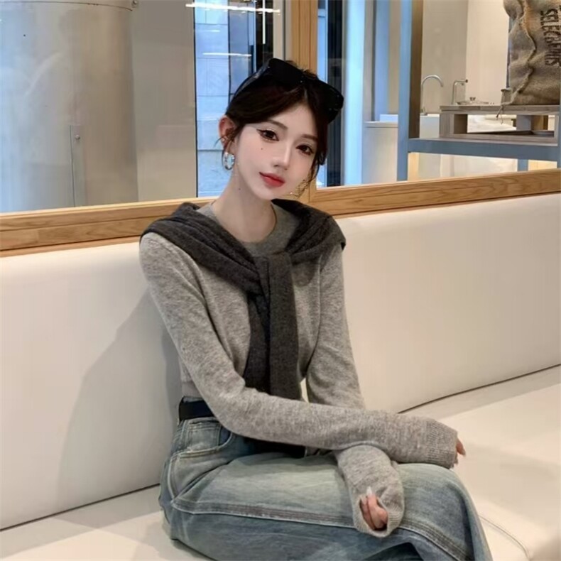百搭短款圆领长袖圆领纯色羊毛，女装羊毛衫，旭驰羊绒