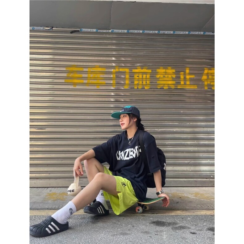 美式荧光绿速干不过膝休闲短裤男女ins潮牌嘻哈薄款宽松运动五分,男装牛仔裤,星座506A
