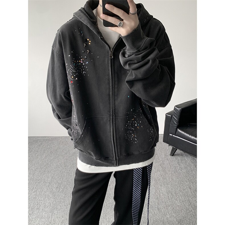 秋季美式烫钻开衫拉链卫衣男潮牌高级感痞帅短宽外套男WY37P98，女装短外套，电商D206-1