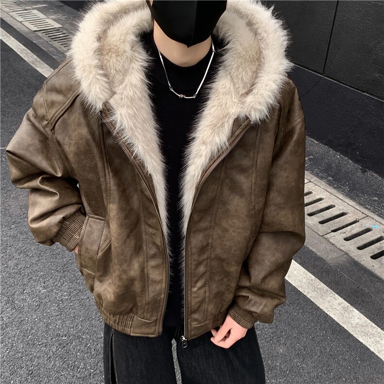 座山雕毛领棉服男冬季棉衣加厚保暖宽松毛领连帽皮毛一体外套p118,男装棉衣,电商C307