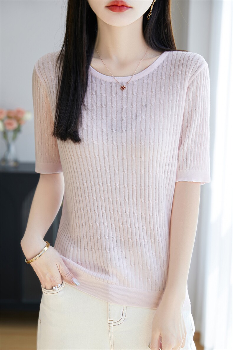 2025夏季新款圆领纯色羊毛针织衫女短袖百搭气质女上衣DMR-573,女装T恤,大美人包芯纱店