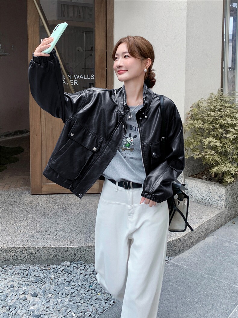 黑色pu皮衣春秋季新款女装正肩小翻领机车显瘦气质短外套韩版时尚,女装短外套,意芙