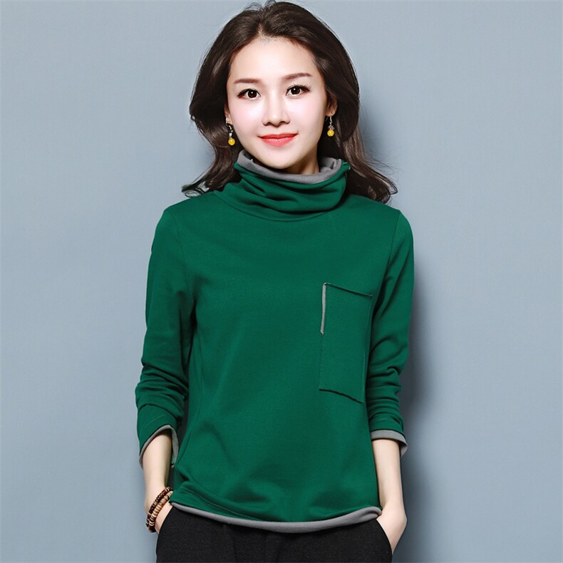 气质韩版纯色长袖舒适修身显瘦棉T恤高领2024年秋冬装百搭舒适，女装T恤，涵誉