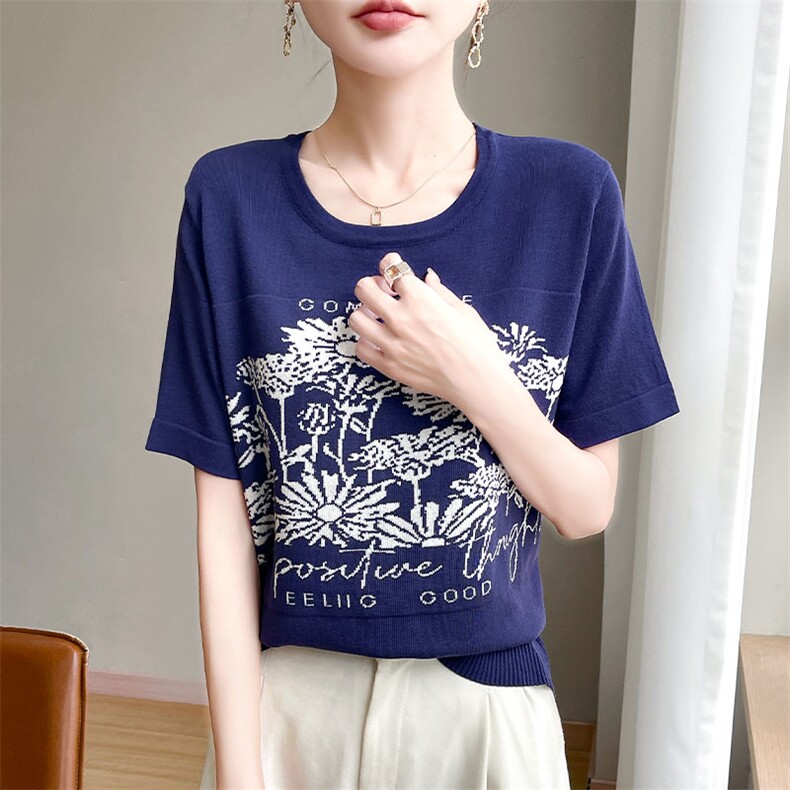 时尚提花短袖T恤女夏季2025新款打底衫洋气大码女装冰丝针织上衣,针织衫/毛衣,萱芳婷羊绒