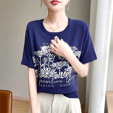 时尚提花短袖T恤女夏季2025新款打底衫洋气大码女装冰丝针织上衣，女装针织衫/毛衣，萱芳婷羊绒