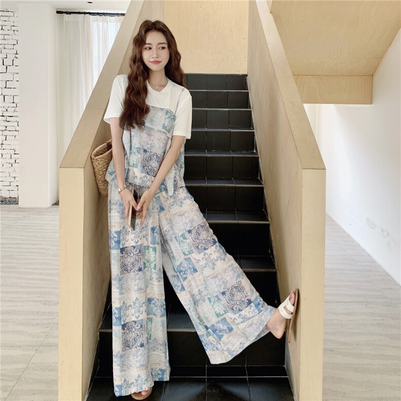 韩版印花假两件短袖阔腿裤套装女2025年夏季新款显瘦超好看两件套,女装套装/套裙,2C201