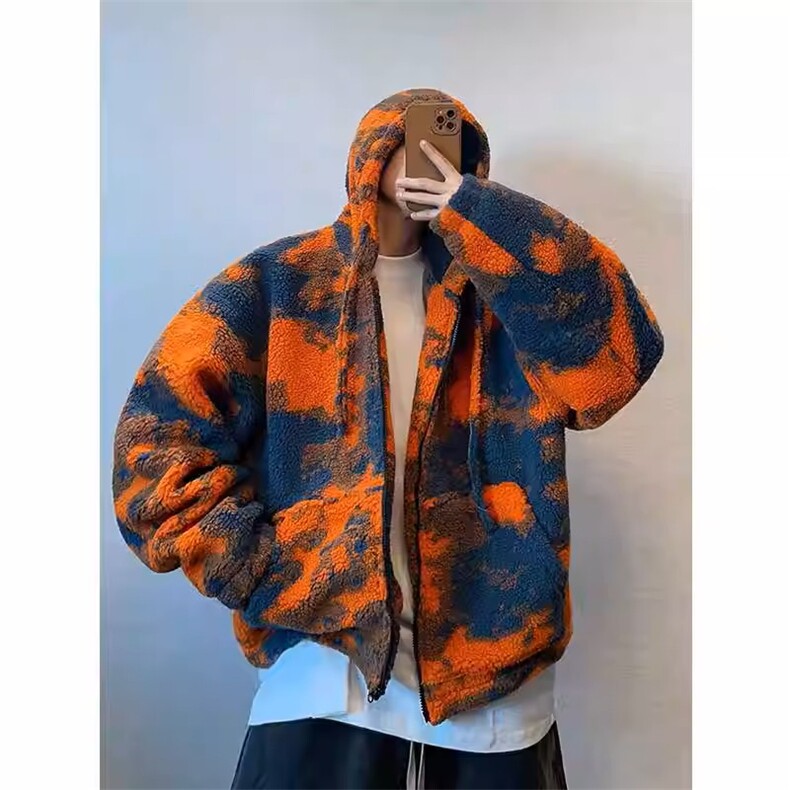 JY647-P69 橙色火烧云扎染连帽男羊羔毛保暖厚外套图片