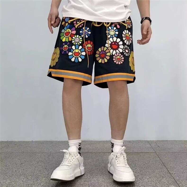 2025设计感小众刺绣金线太阳花短裤男夏季宽松休闲短分裤,男装牛仔裤,星座506A