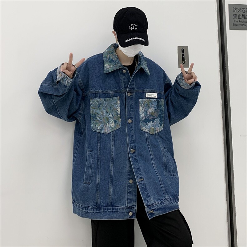 春秋季潮牌ins翻领工装夹克美式复古刺绣牛仔外套男W7842-P55,男装夹克,星座512-3