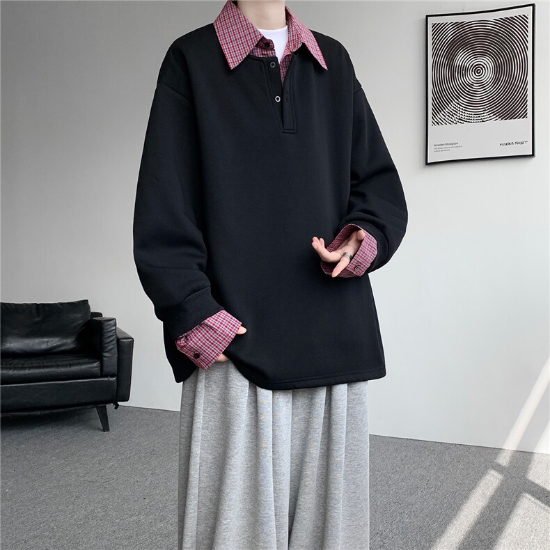 M-8XL美式假两件格子拼接翻领卫衣大码polo领长袖T恤衫WY5110/P58图片
