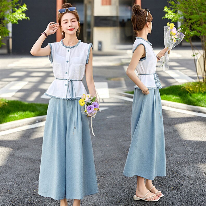 气质新中式风套装女2025夏新款高端复古汉服小香风阔腿裤子两件套,女装套装/套裙,悠米