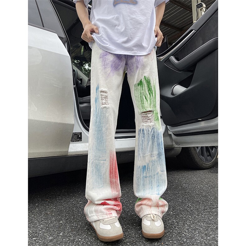 美式ins高街hiphop破洞多巴胺彩色涂鸦牛仔货号K2306P55,男装休闲裤,电商A063