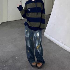 【有货】DG63-P50美式vibe高街复古水洗漆点涂鸦牛仔裤男女图片