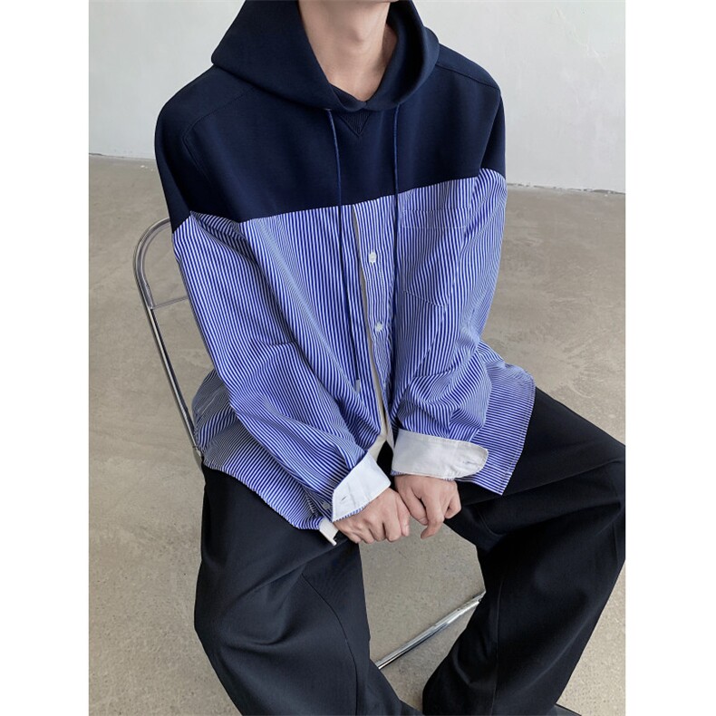 24秋冬拼接条纹设计感衬衫卫衣假两件连帽套头卫衣WY22-P85,男装衬衫,电商B288