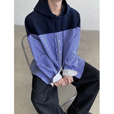 24秋冬拼接条纹设计感衬衫卫衣假两件连帽套头卫衣WY22-P85，男装衬衫，电商B288