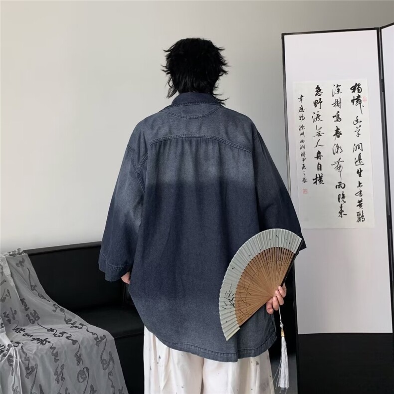 中山唐装牛仔衬衫短袖春季2024新款N986P68,男装衬衫,星座1116-2