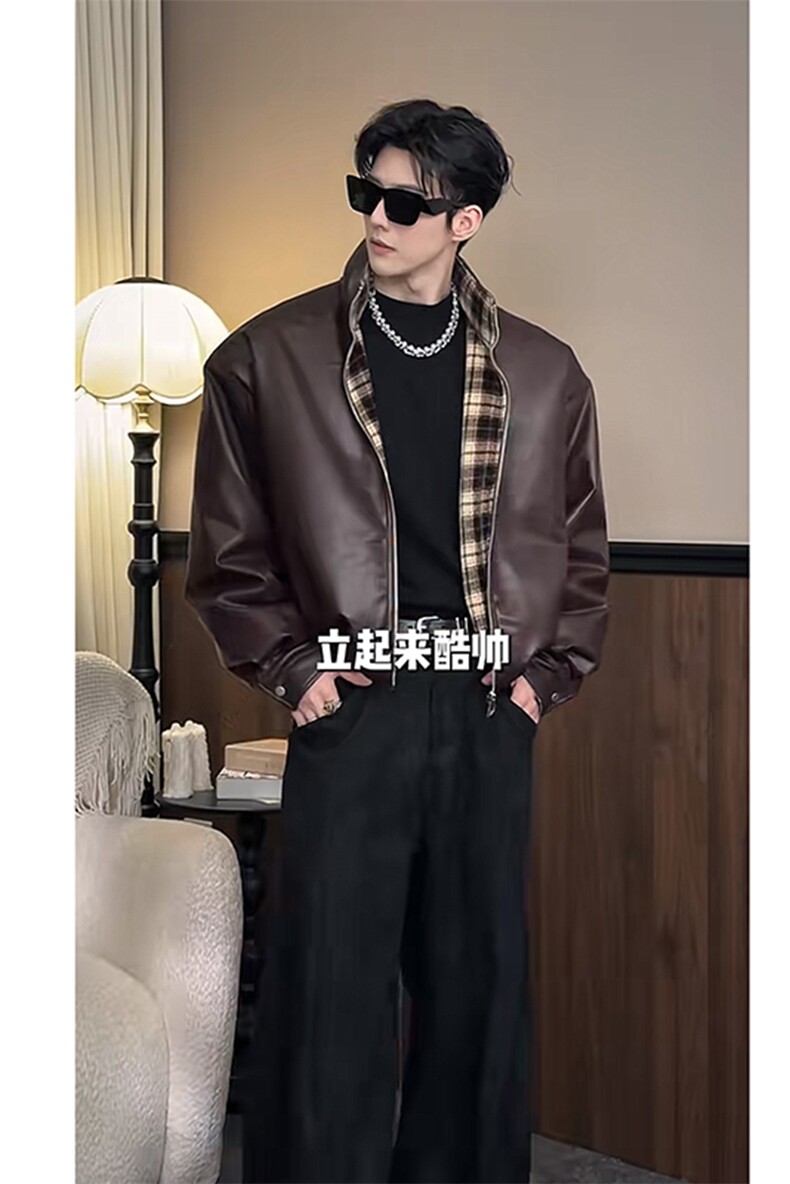 秋冬复古格子拼接加棉机车皮衣夹克棉外套男潮JK2377-P145网图,男装夹克,电商B267
