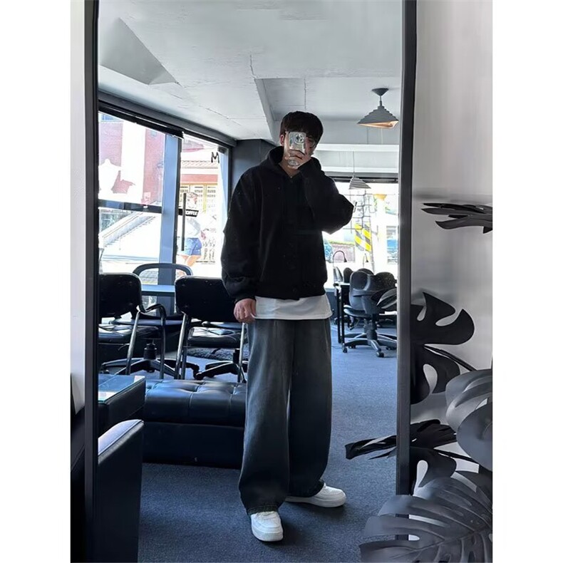 开衫卫衣男春秋季韩系宽松潮流设计感纯色百搭连帽外套WYF34P60,女装短外套,星座1013-5